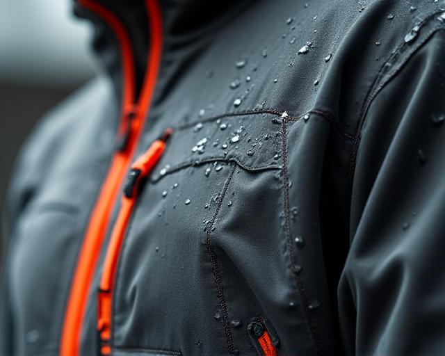Macro shot of high-tech garment fibers with orange accents